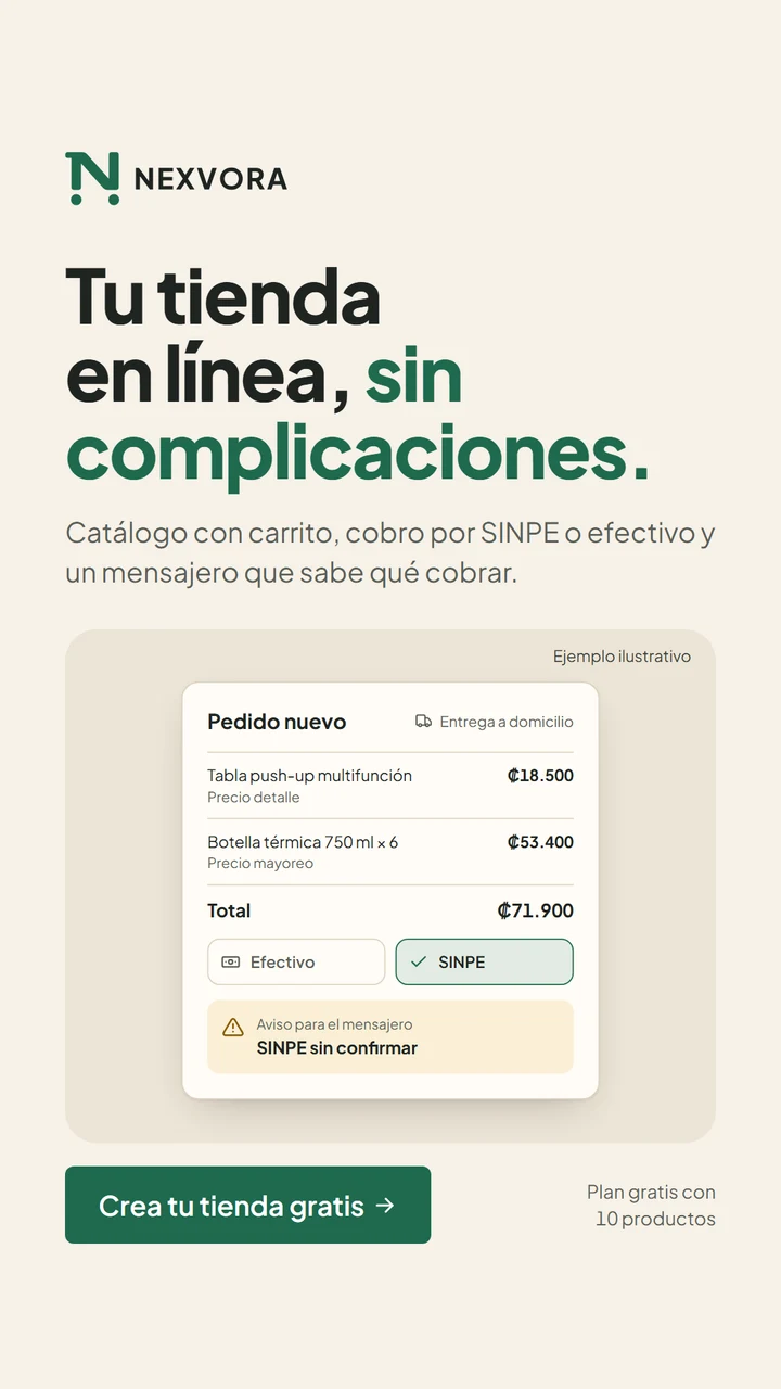 Ejemplo ilustrativo de un Estado de WhatsApp de NEXVORA: «Tu tienda en línea, sin complicaciones», con un pedido de muestra, el botón «Crea tu tienda gratis» y la nota «Plan gratis con 10 productos».