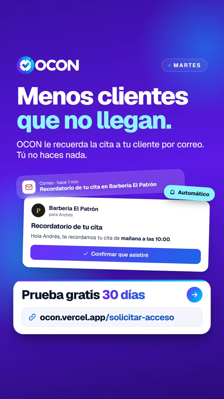 Pieza de campaña de OCON: menos clientes que no llegan, con el recordatorio por correo